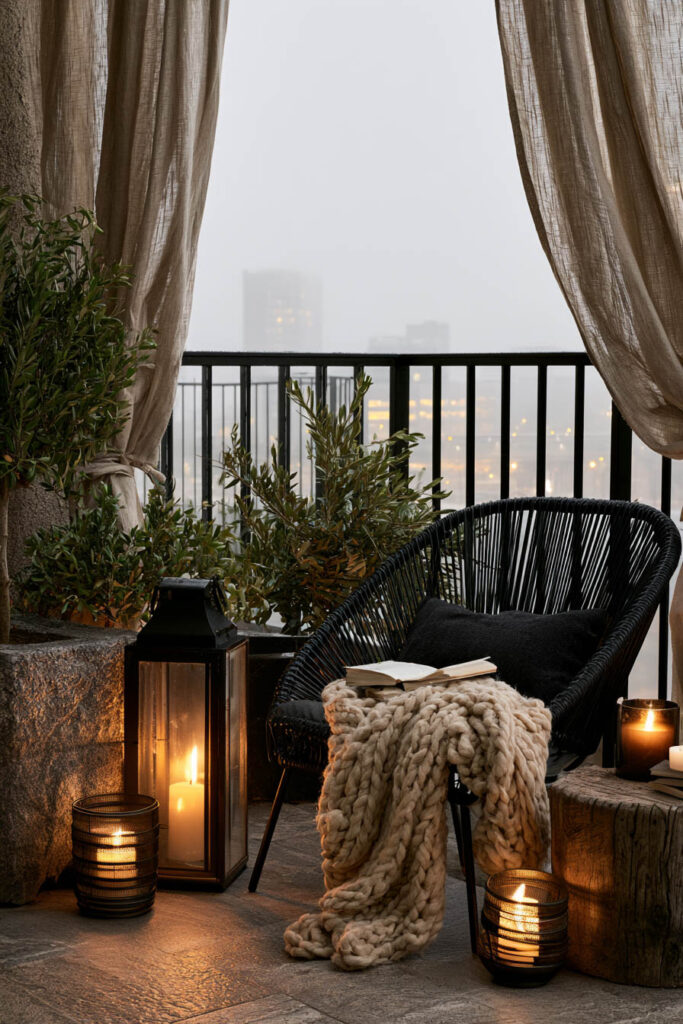 Cozy apartment balcony with candle lanterns, reading chair, chunky knit blanket, soft curtains, and warm evening lighting.