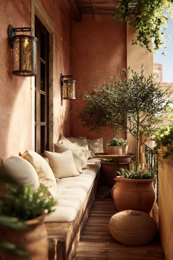 Mediterranean balcony with terracotta walls, olive tree, built-in bench seating, terracotta planters, wall lanterns, and cozy outdoor lounge area.