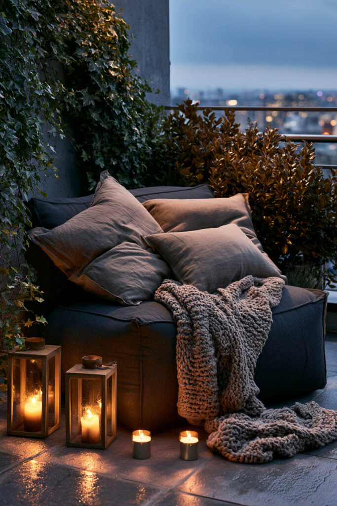 Moody nighttime balcony with oversized lounge chair, lantern candles, chunky knit blanket, lush greenery, and warm evening ambiance