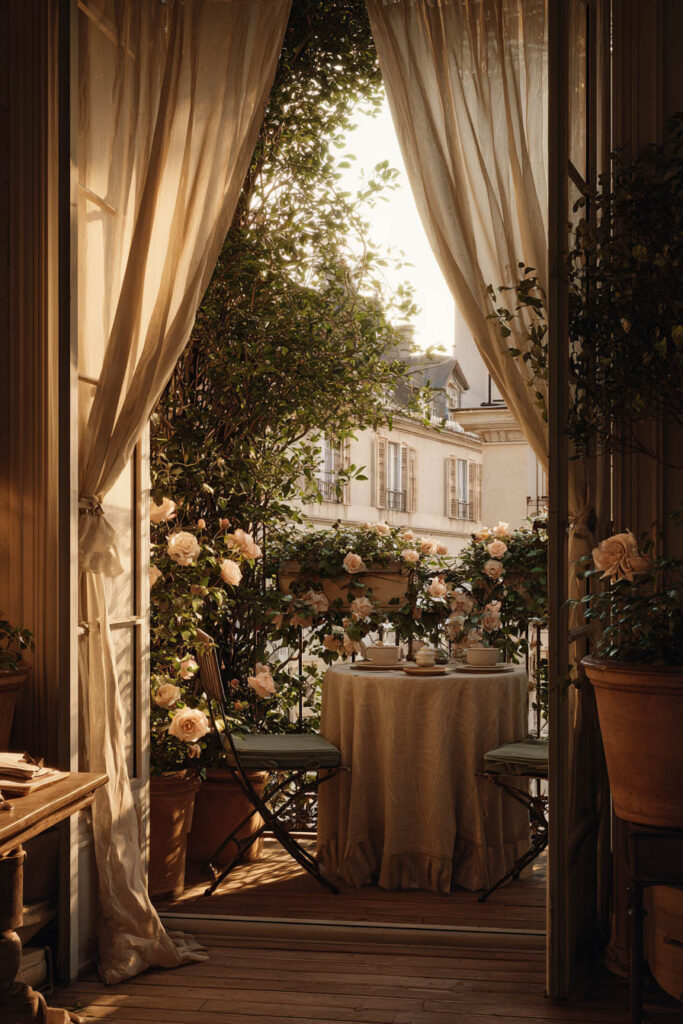 Parisian balcony with linen curtains, café table, climbing roses, potted plants, and warm golden sunlight overlooking historic buildings.