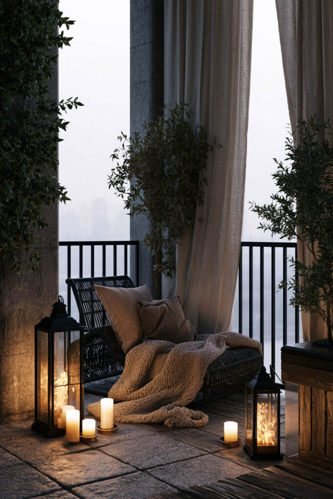 Rainy apartment balcony with wicker lounge chair, candle lanterns, soft knit blanket, flowing curtains, and warm evening lighting.