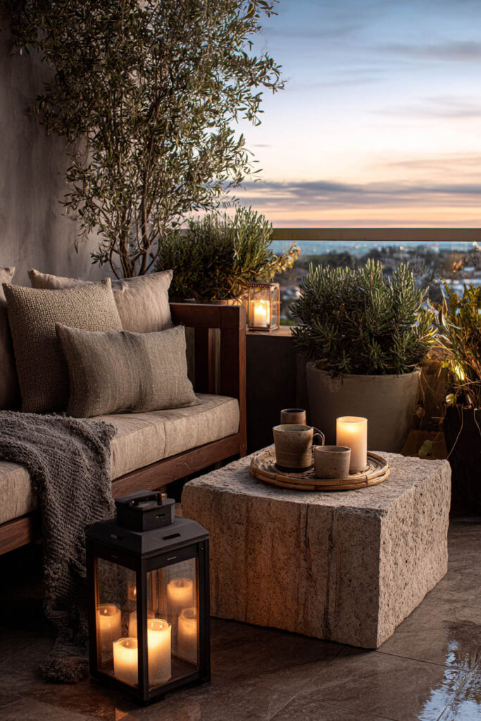 Romantic moody balcony with outdoor tea station, candle lanterns, cozy seating, natural textures, and warm evening ambiance