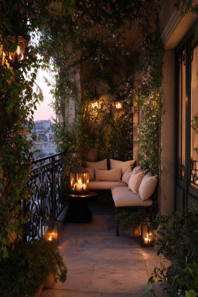 Romantic Parisian balcony with climbing vines, lanterns, soft seating, candlelight, and lush greenery at dusk.