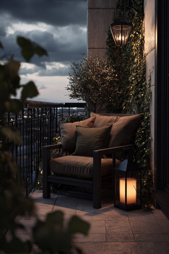 Dark apartment balcony with cozy lounge chair, warm lantern lighting, climbing ivy, and moody evening city views.