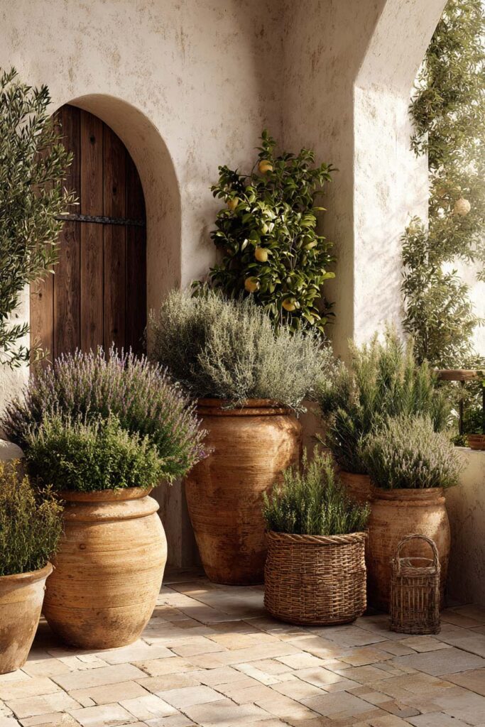 Mediterranean balcony herb garden with lavender, rosemary, thyme, citrus tree, terracotta pots, and woven baskets creating a resort-inspired outdoor retreat.