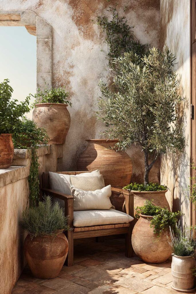 Mediterranean balcony with potted olive tree, terracotta containers, neutral outdoor chair, and warm stucco walls creating a resort-style outdoor retreat.