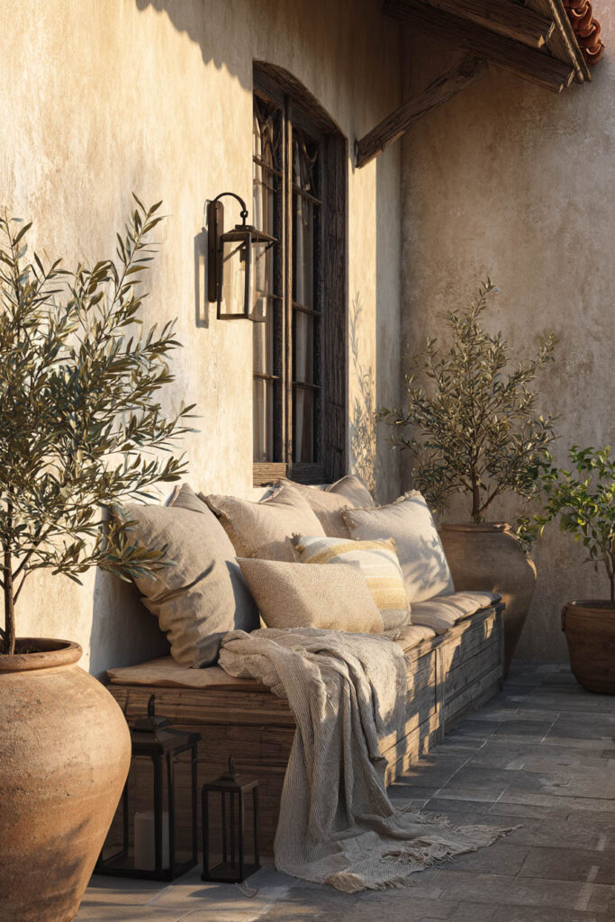 Mediterranean balcony with rustic wood bench, linen cushions, olive trees, terracotta pots, lanterns, and warm stucco walls creating a cozy summer outdoor seating area.