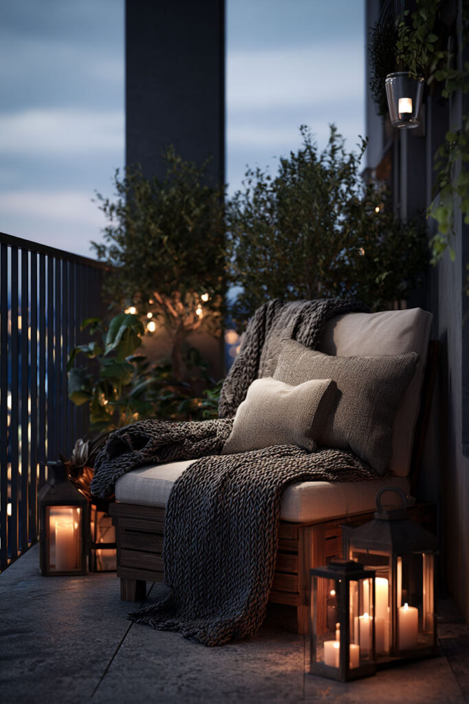 Moody balcony lounge with cozy cushions, knit throw blankets, lantern candles, potted plants, and warm evening lighting.