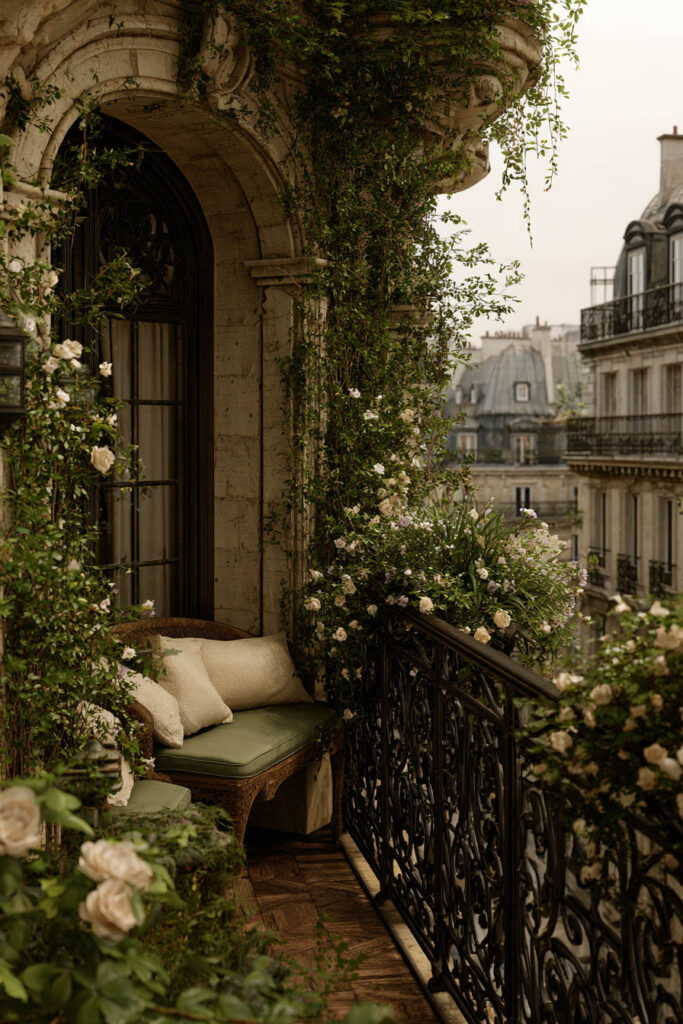 Parisian balcony with ornate wrought iron railing, climbing roses, built-in bench seating, lush greenery, and classic French architecture.