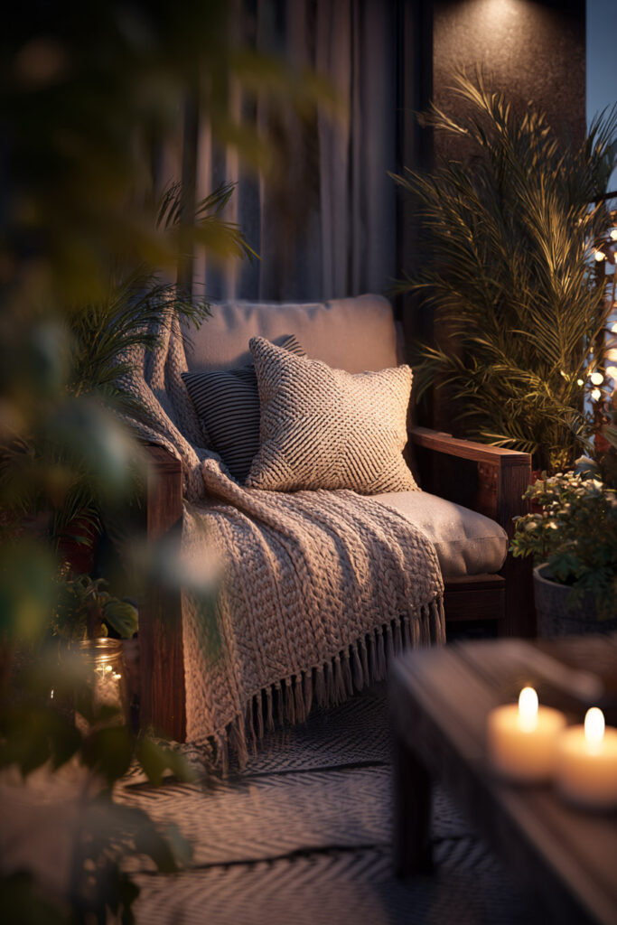 Cozy romantic balcony chair with knit blanket, textured pillows, candlelight, and surrounding plants for relaxing evening outdoor living.