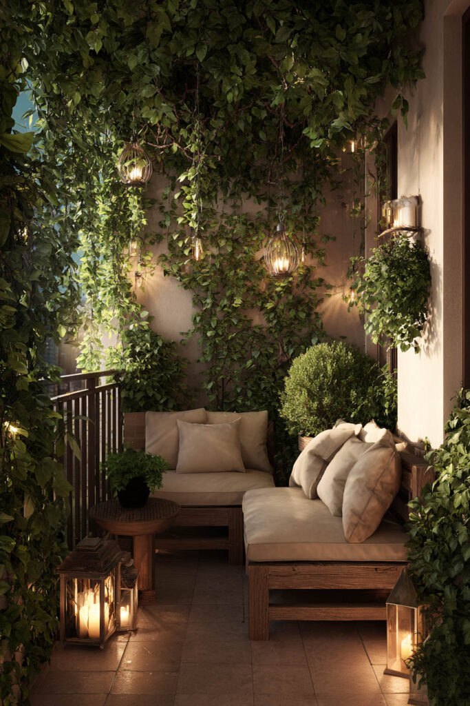 Romantic balcony with layered plants, climbing vines, lanterns, cozy outdoor seating, and warm lighting creating a private hidden garden retreat.