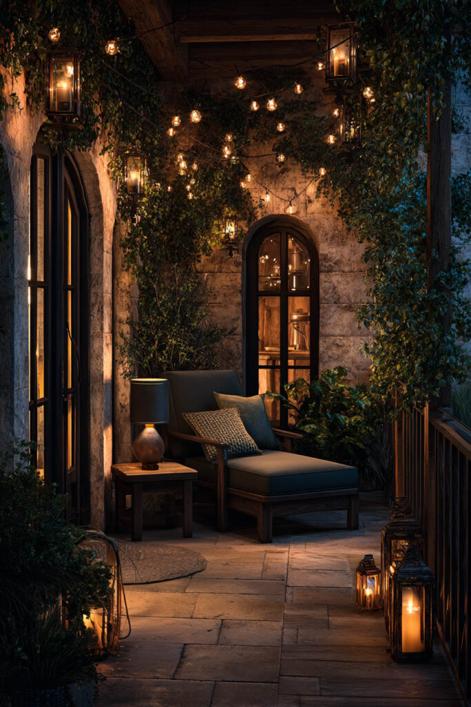 Romantic moody balcony with string lights, lanterns, climbing greenery, cozy chair, and warm evening ambiance