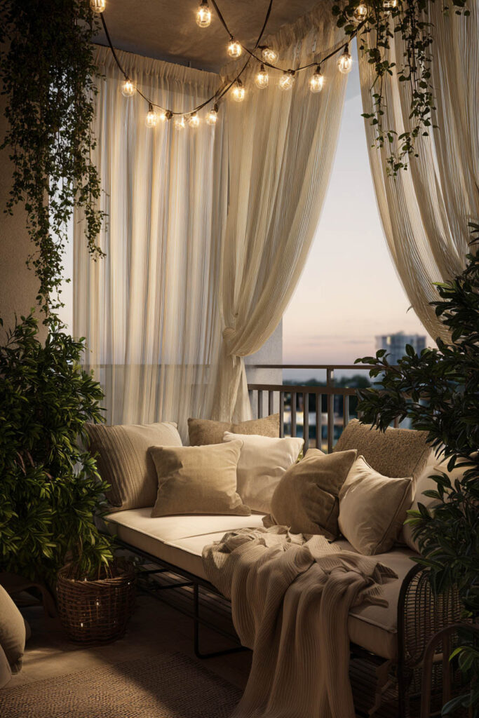 Romantic private balcony with sheer outdoor curtains, string lights, cozy seating, neutral cushions, and lush plants at sunset