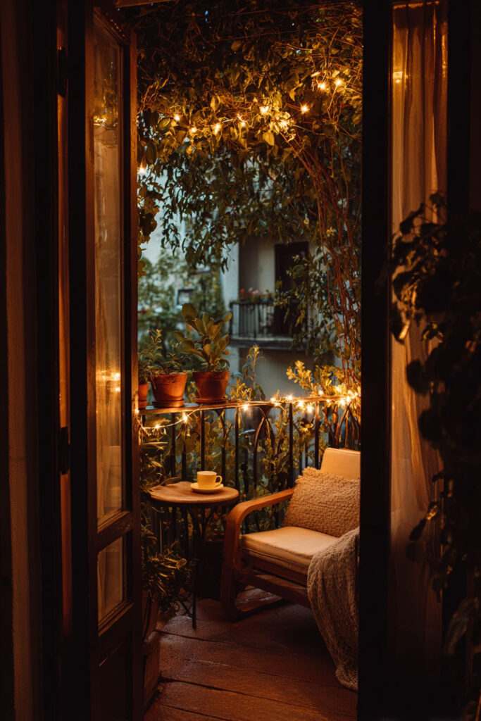 Cozy balcony garden with warm string lights, climbing vines, potted plants, and comfortable seating at night.