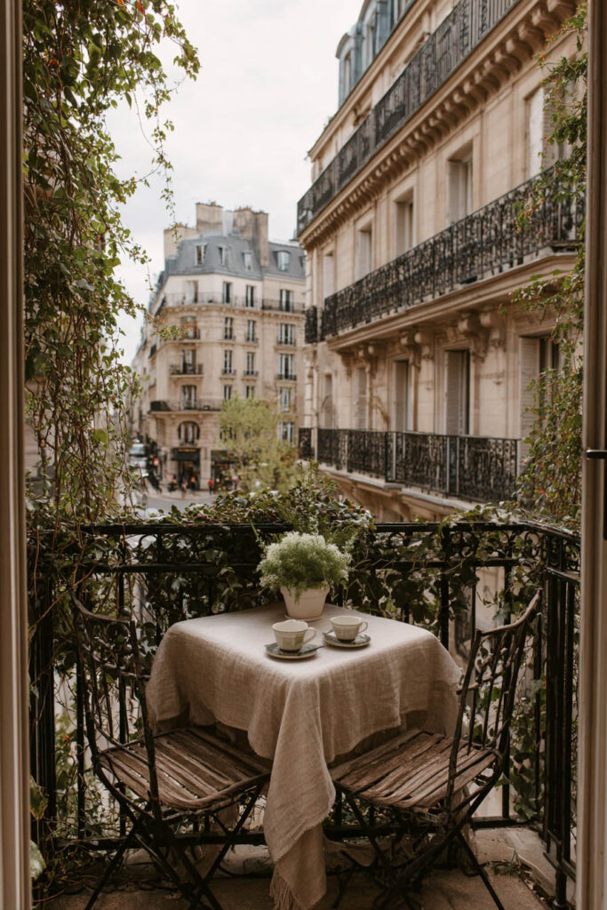 Small French balcony with bistro table, wrought iron railing, climbing vines, coffee cups, and classic Parisian apartment buildings