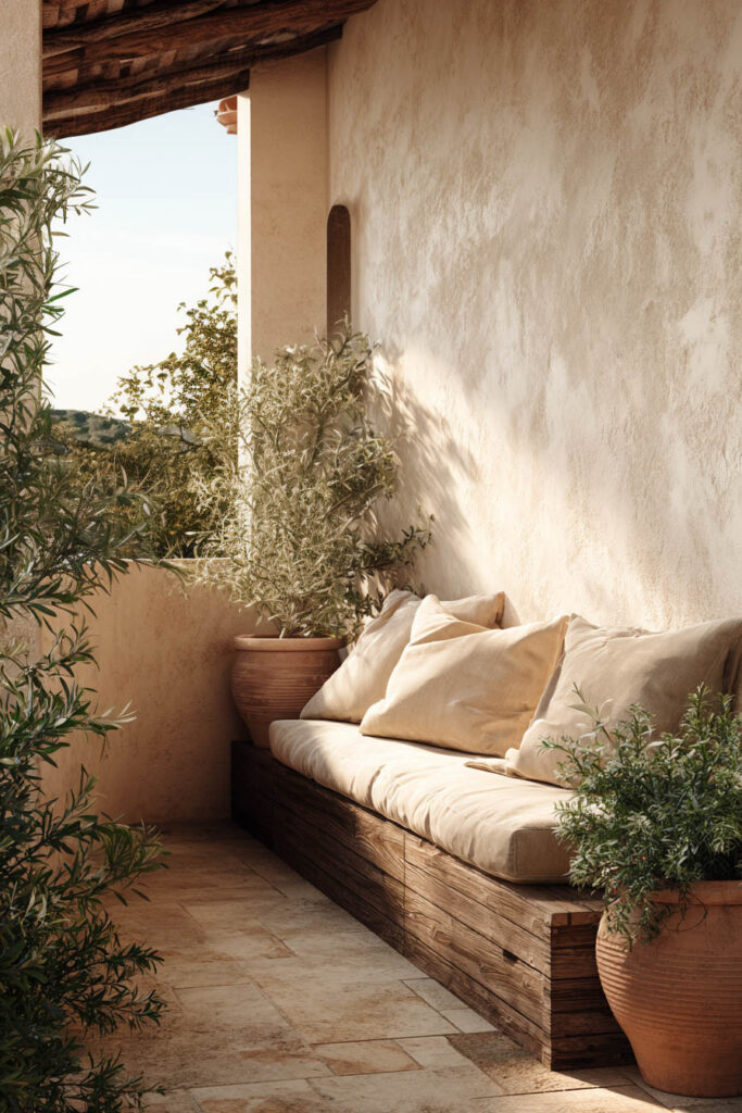 Small Mediterranean balcony with built-in wooden bench, neutral cushions, terracotta planters, olive-inspired greenery, textured stucco walls, and warm natural finishes.