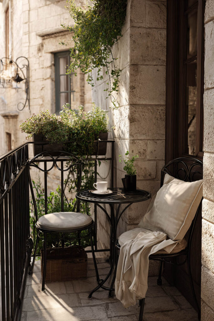Small Parisian balcony with black wrought iron bistro furniture, cream cushions, climbing plants, potted greenery, and historic stone walls creating a hidden garden atmosphere.
