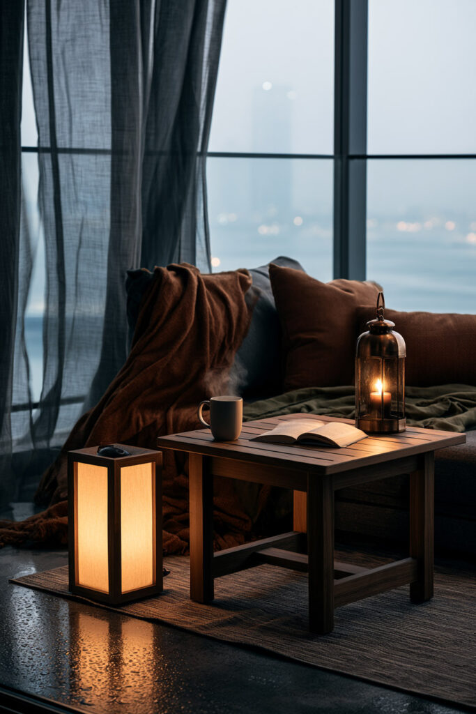Dark apartment balcony with cozy seating, warm lantern lighting, soft blankets, reading nook, and rainy evening city views.