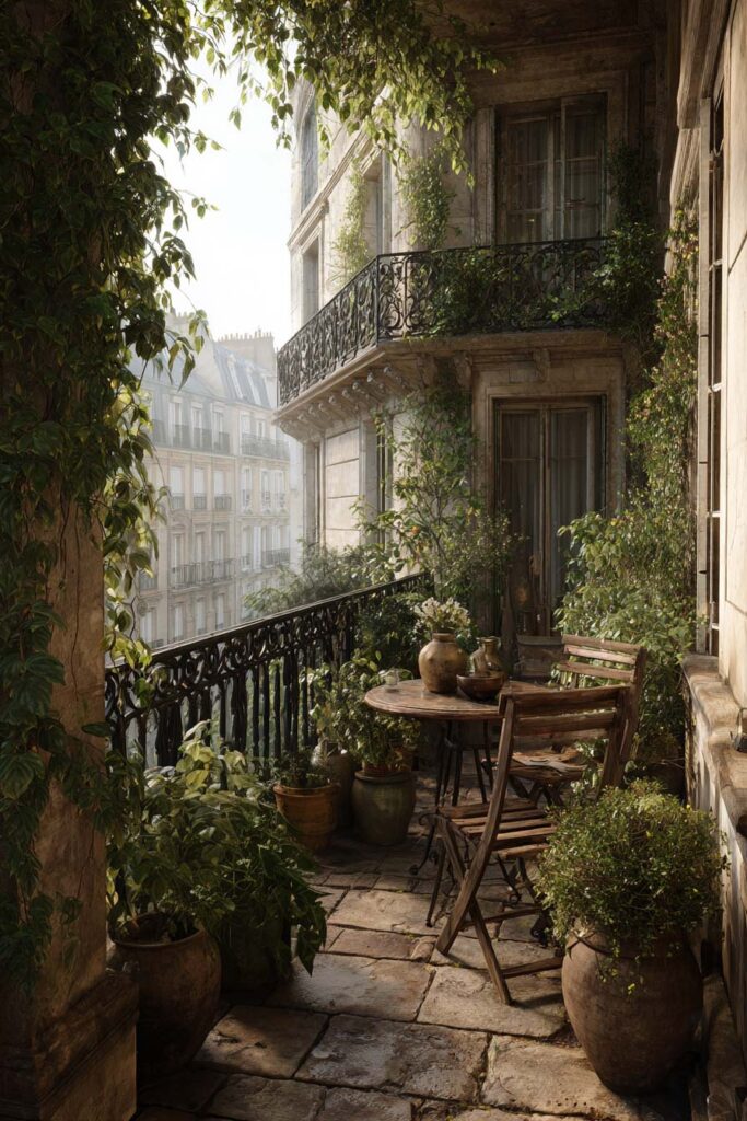 Paris balcony with aged stone flooring, weathered wood bistro furniture, climbing vines, terracotta planters, and classic wrought iron railings