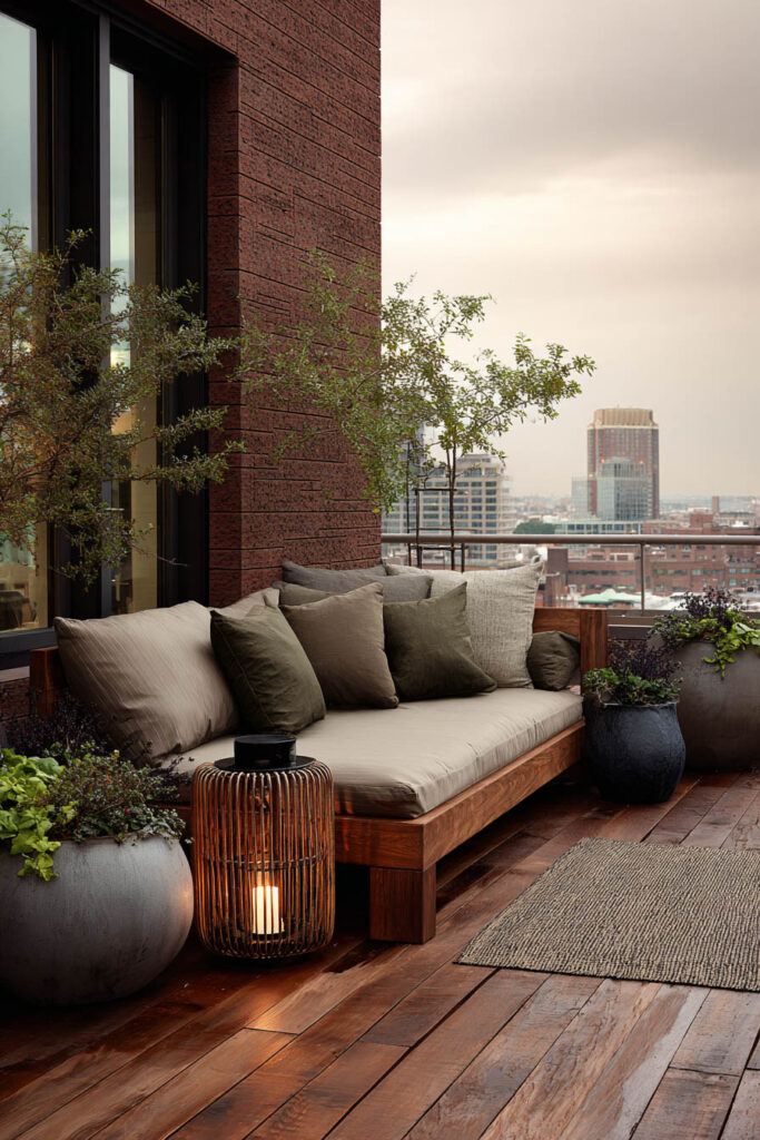 Romantic moody balcony with neutral cushions, candle lantern, wood flooring, potted plants, and cozy outdoor seating on a cloudy day