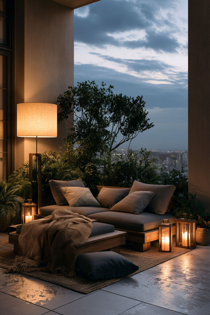 Cozy apartment balcony with floor lamp, lantern lighting, outdoor sectional seating, soft blankets, and warm evening ambiance.