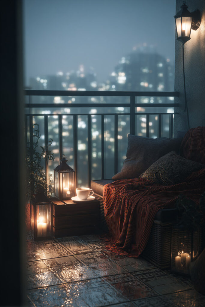 Romantic moody balcony with lantern candlelight, cozy blanket, rainy city view, wet flooring, and warm evening ambiance