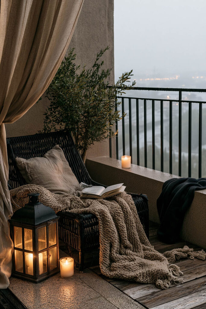 Cozy apartment balcony reading nook with lantern candlelight, chunky knit blanket, wicker chair, soft curtains, and a rainy evening atmosphere.