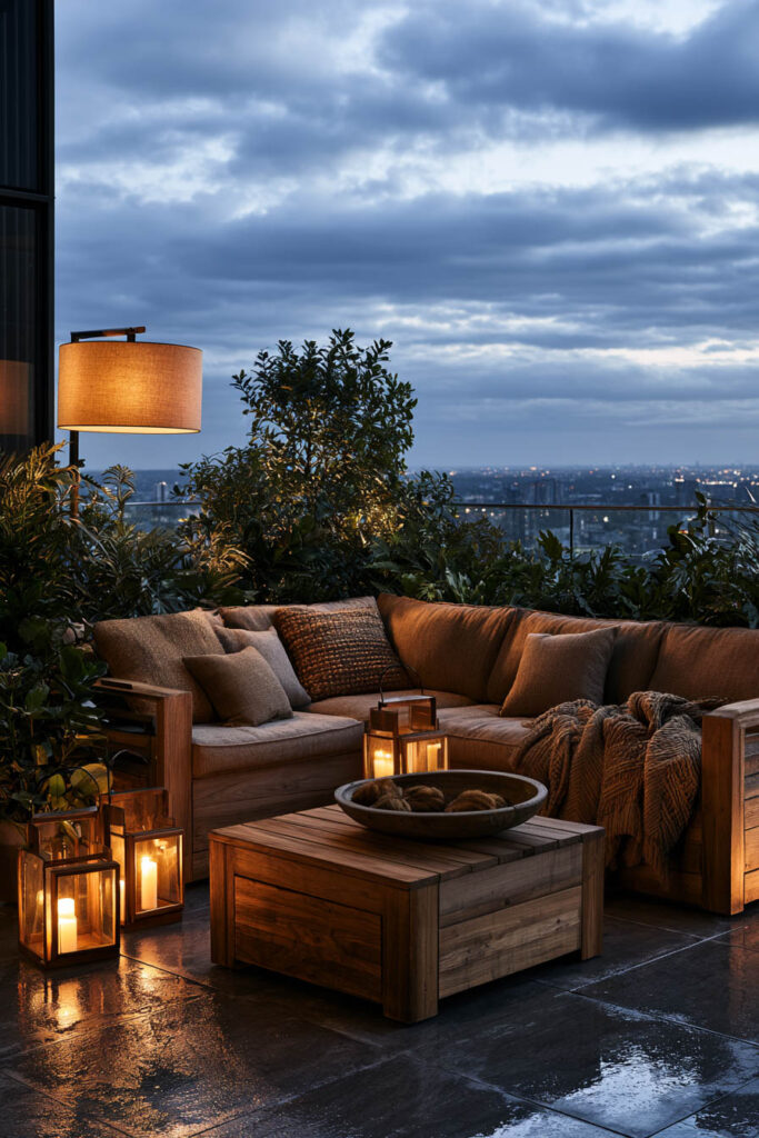 Romantic moody balcony with lantern candlelight, cozy sectional seating, lush greenery, rainy flooring, and nighttime outdoor ambiance