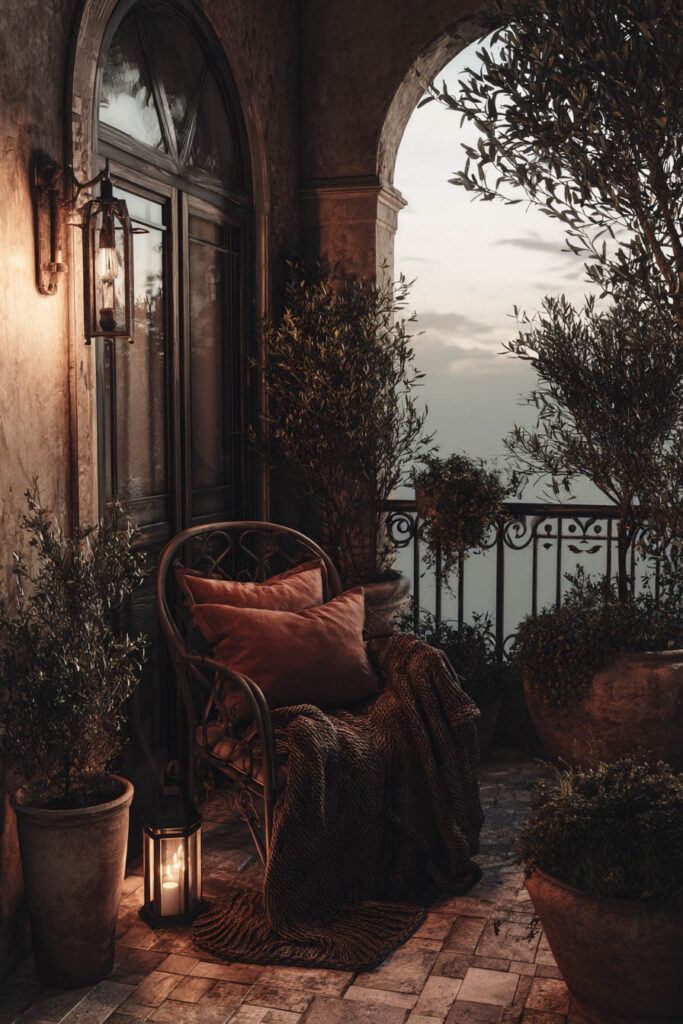 Romantic moody balcony with vintage chair, lantern candlelight, terracotta planters, olive trees, and old-world outdoor decor