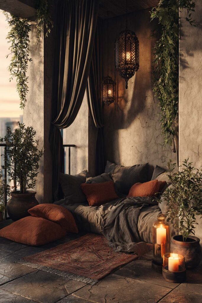 Romantic moody boho balcony with floor cushions, draped curtains, hanging lanterns, candlelight, and earthy outdoor decor