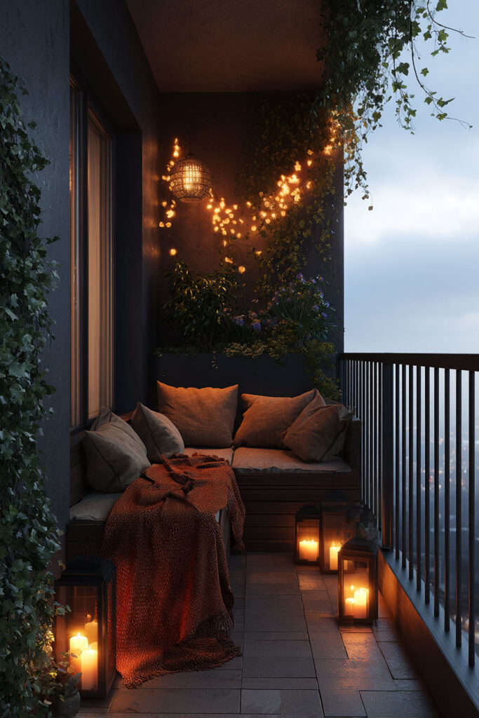 Cozy apartment balcony with candle lanterns, cushioned seating, wet reflective flooring, and warm evening lighting.