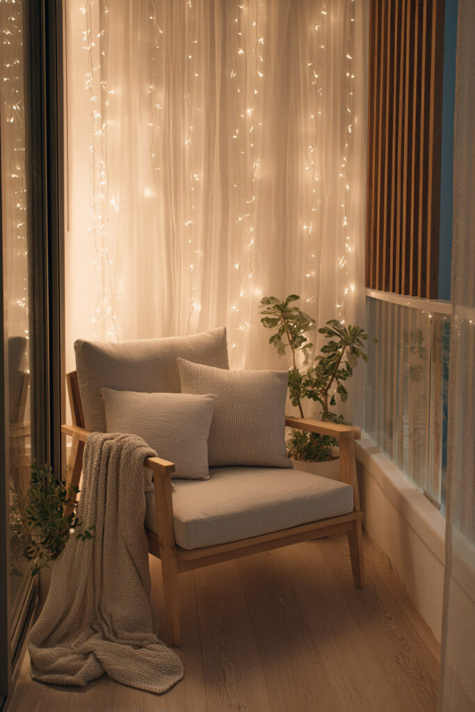 Cozy balcony chair with curtain string lights, neutral cushions, sheer curtains, and warm ambient lighting at night.