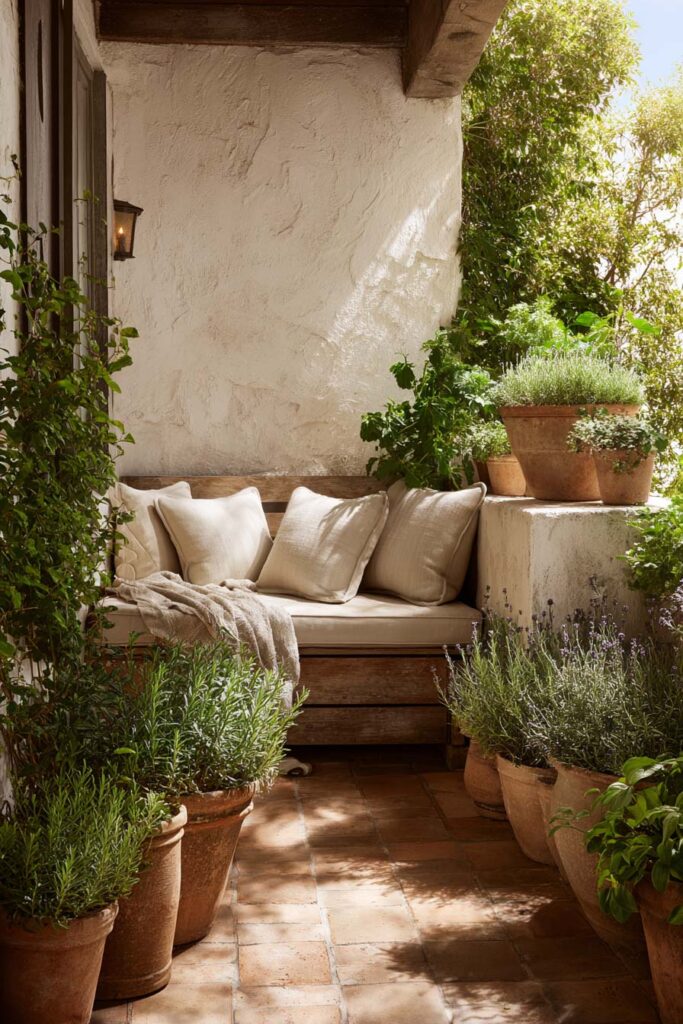 Mediterranean balcony with rosemary, lavender, terracotta pots, built-in bench seating, and lush herb garden creating a resort-inspired outdoor retreat.