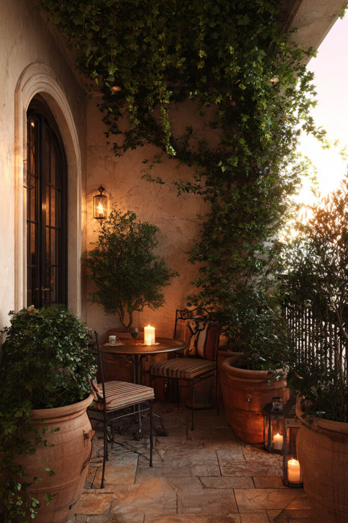 Mediterranean balcony at night with lantern lighting, candlelit bistro table, terracotta pots, climbing vines, and warm outdoor ambiance for summer evenings.