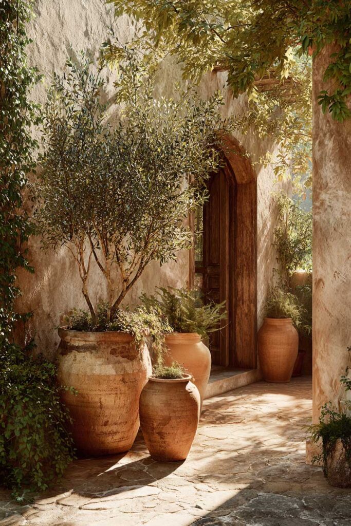 Large potted olive tree in an oversized terracotta urn on a Mediterranean balcony with stone flooring, climbing greenery, and warm stucco walls.