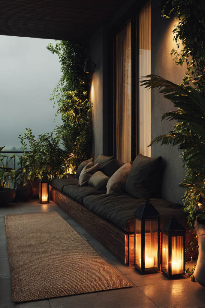 Moody balcony with built-in bench seating, lantern candles, lush greenery, warm lighting, and cozy outdoor lounge atmosphere.