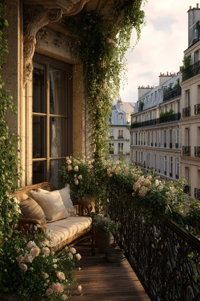 Paris balcony with ornate wrought iron railing, climbing vines, blush roses, cozy bench seating, and historic architecture creating a romantic hidden garden overlooking city streets.