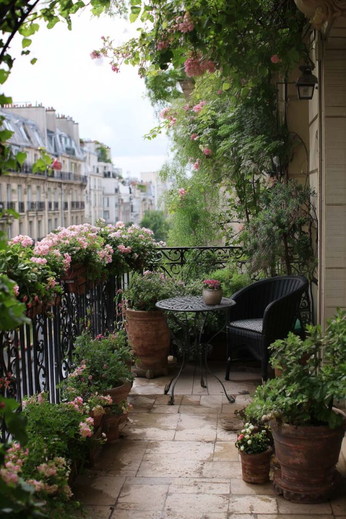 Parisian balcony with overflowing flower boxes, pink flowers, terracotta pots, wrought iron railing, and lush greenery overlooking a French city street.