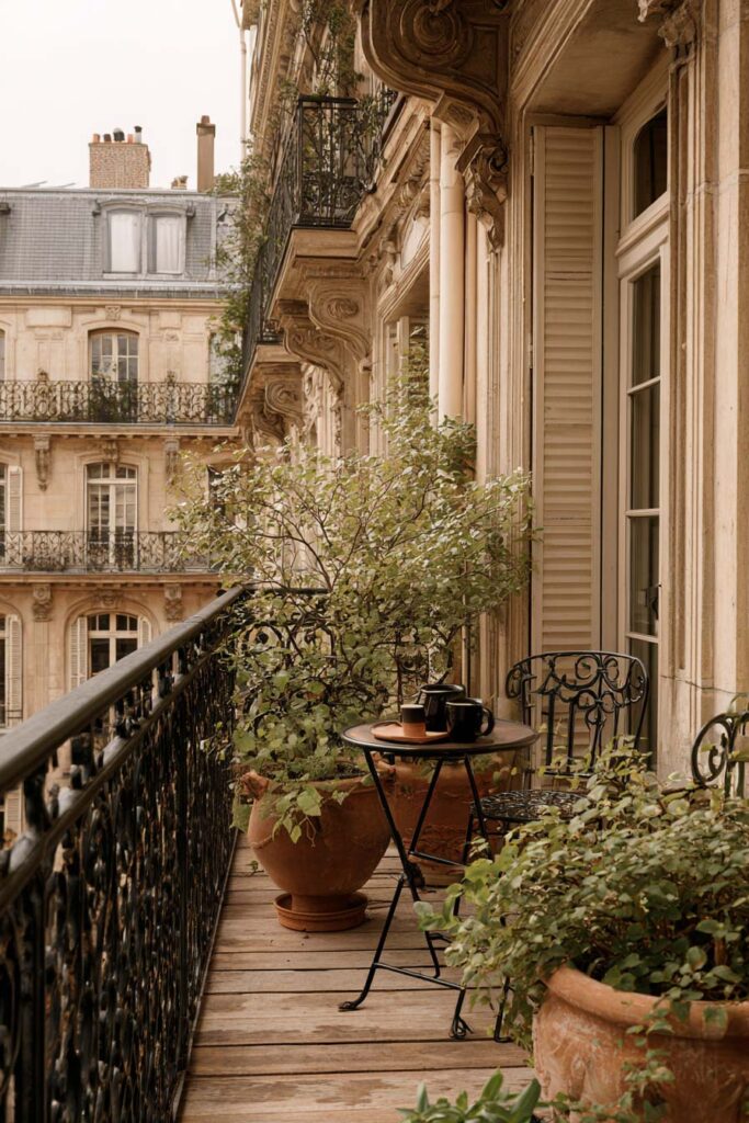 Parisian balcony with ornate wrought iron railing, terracotta planters, bistro table, greenery, and historic French architecture