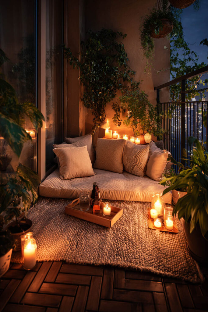 Romantic balcony lounge with floor cushions, glowing candles, potted plants, cozy outdoor rug, and warm ambient lighting at night.