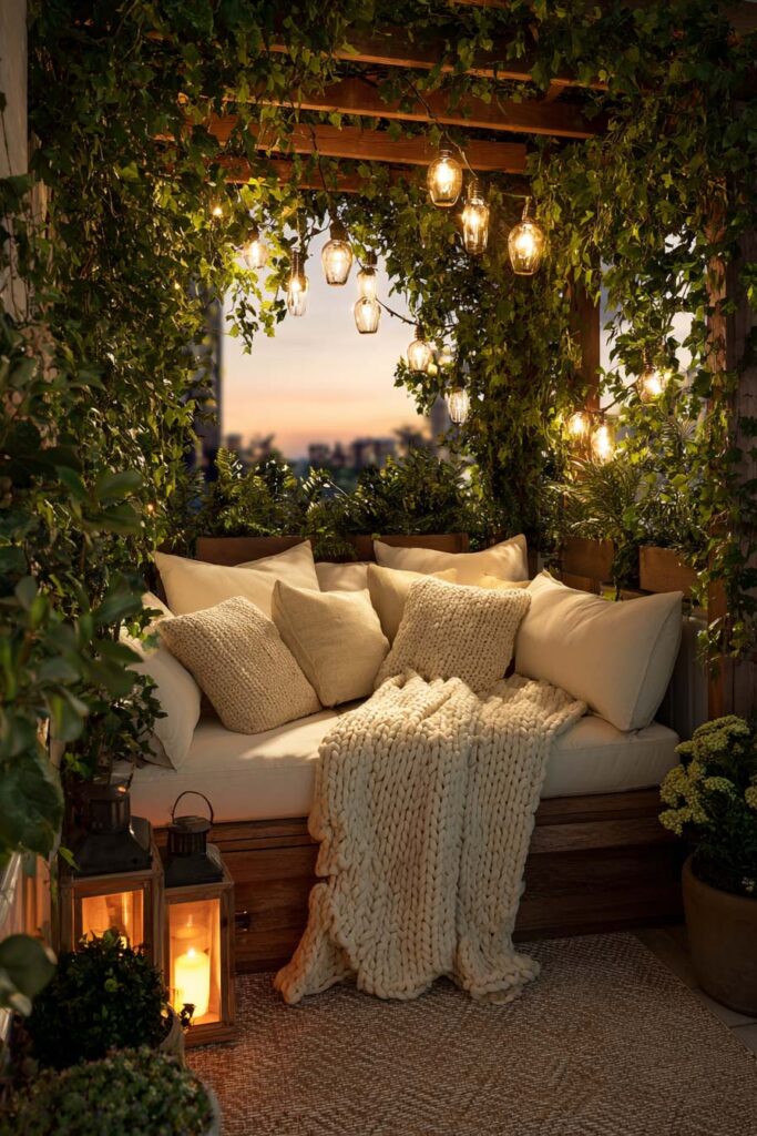 Romantic balcony lounge with hanging lights, lanterns, cozy cushions, lush greenery, and a knit throw for intimate evenings outdoors.