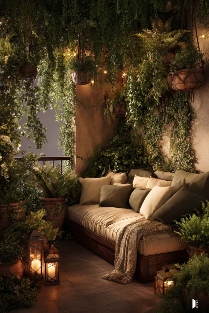 Romantic balcony retreat with hanging plants, cascading greenery, outdoor daybed, lanterns, and warm ambient lighting creating a private garden-inspired escape.
