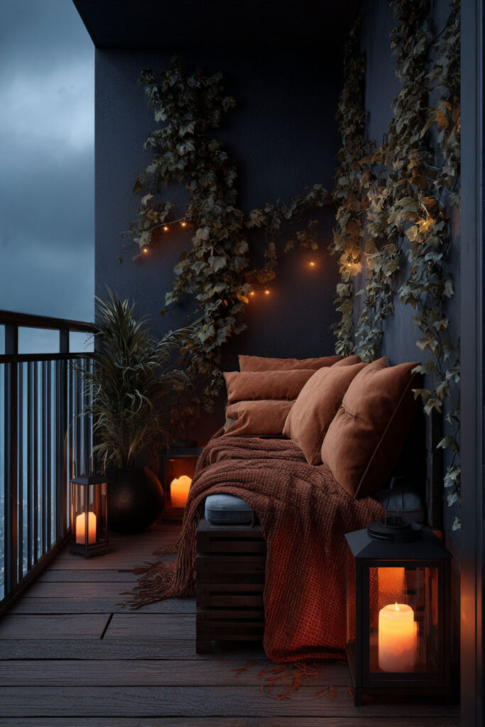 Romantic moody balcony with candle lanterns, cozy cushions, string lights, climbing vines, and warm evening ambiance