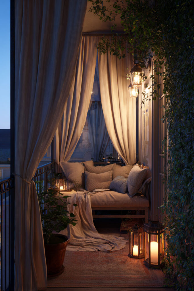 Romantic private balcony with floor-to-ceiling curtains, lantern lighting, cozy cushioned seating, and climbing greenery at night