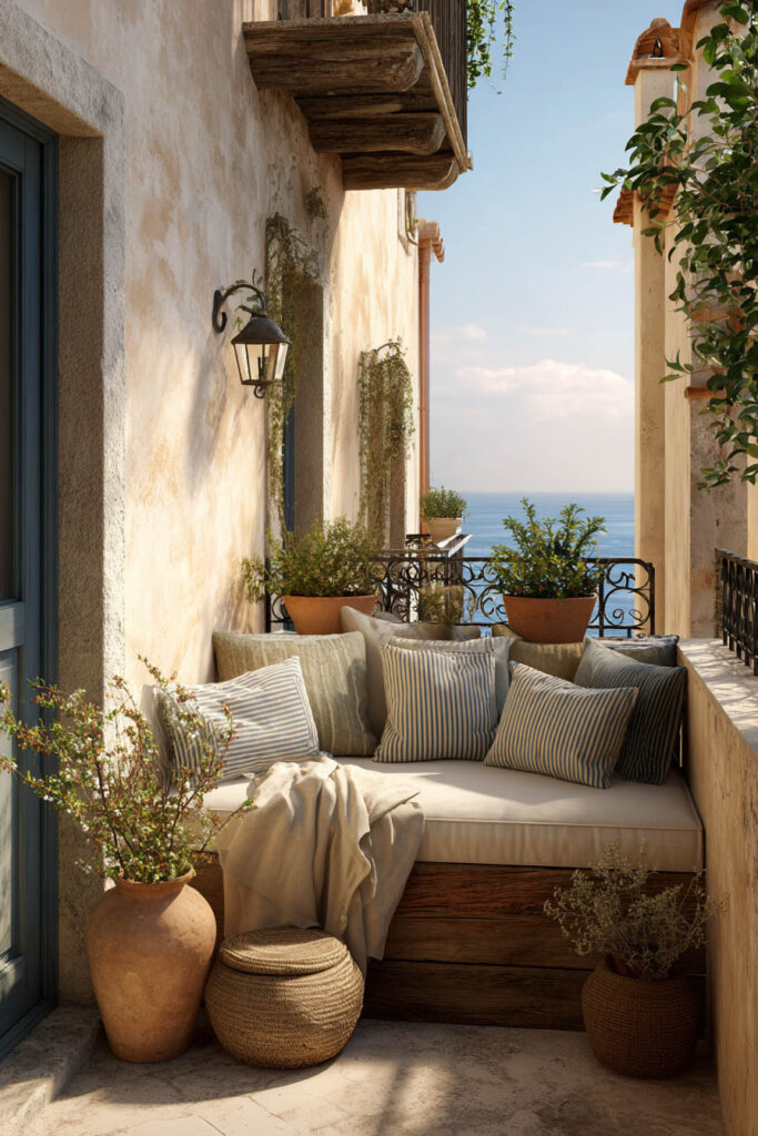 Small Mediterranean balcony with built-in daybed, striped cushions, terracotta pots, rustic wood details, wrought iron railing, and coastal-inspired outdoor seating.