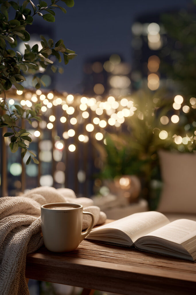 Cozy balcony with string lights, coffee mug, open book, soft blanket, and warm evening ambiance.
