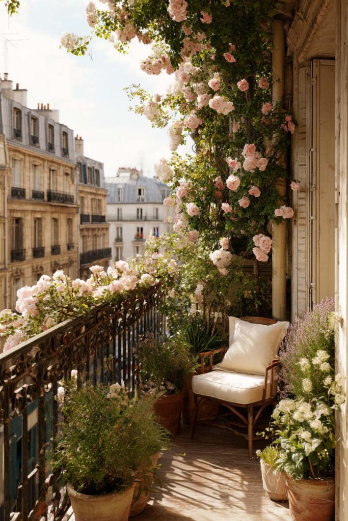 French balcony with overflowing pink roses, flower-filled railings, terracotta planters, cozy chair, and romantic Parisian apartment view