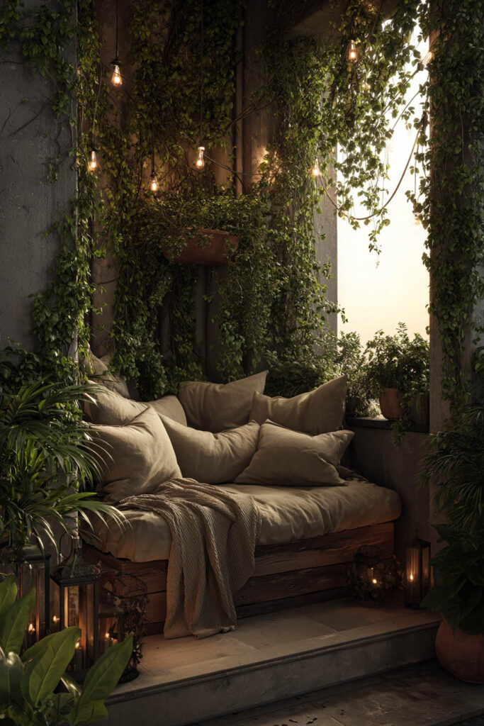 Hidden balcony retreat with climbing vines, layered greenery, cozy outdoor daybed, soft cushions, lanterns, and warm string lights creating a private garden atmosphere.