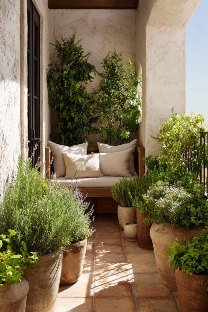 Mediterranean balcony herb garden with lavender, rosemary, oregano, terracotta pots, and cozy seating surrounded by lush greenery.