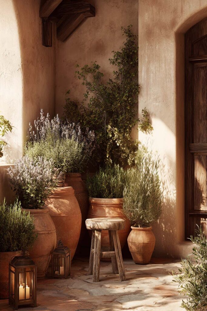 Mediterranean balcony with lavender, rosemary, olive trees, terracotta pots, lanterns, and warm stucco walls creating a resort-inspired outdoor retreat.